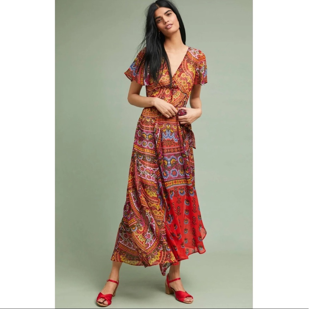 Anthropologie Akemi + Kin Murol Boho Multicolor Printed Wrapped Maxi Dress Sz.8